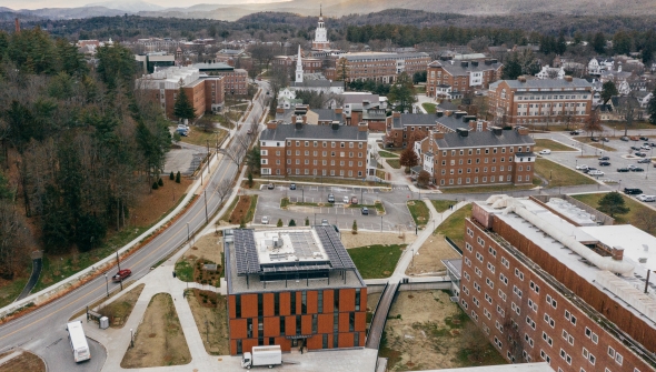 Aerial view of the solar photovoltaic installation on the roof of Anonymous Hall.