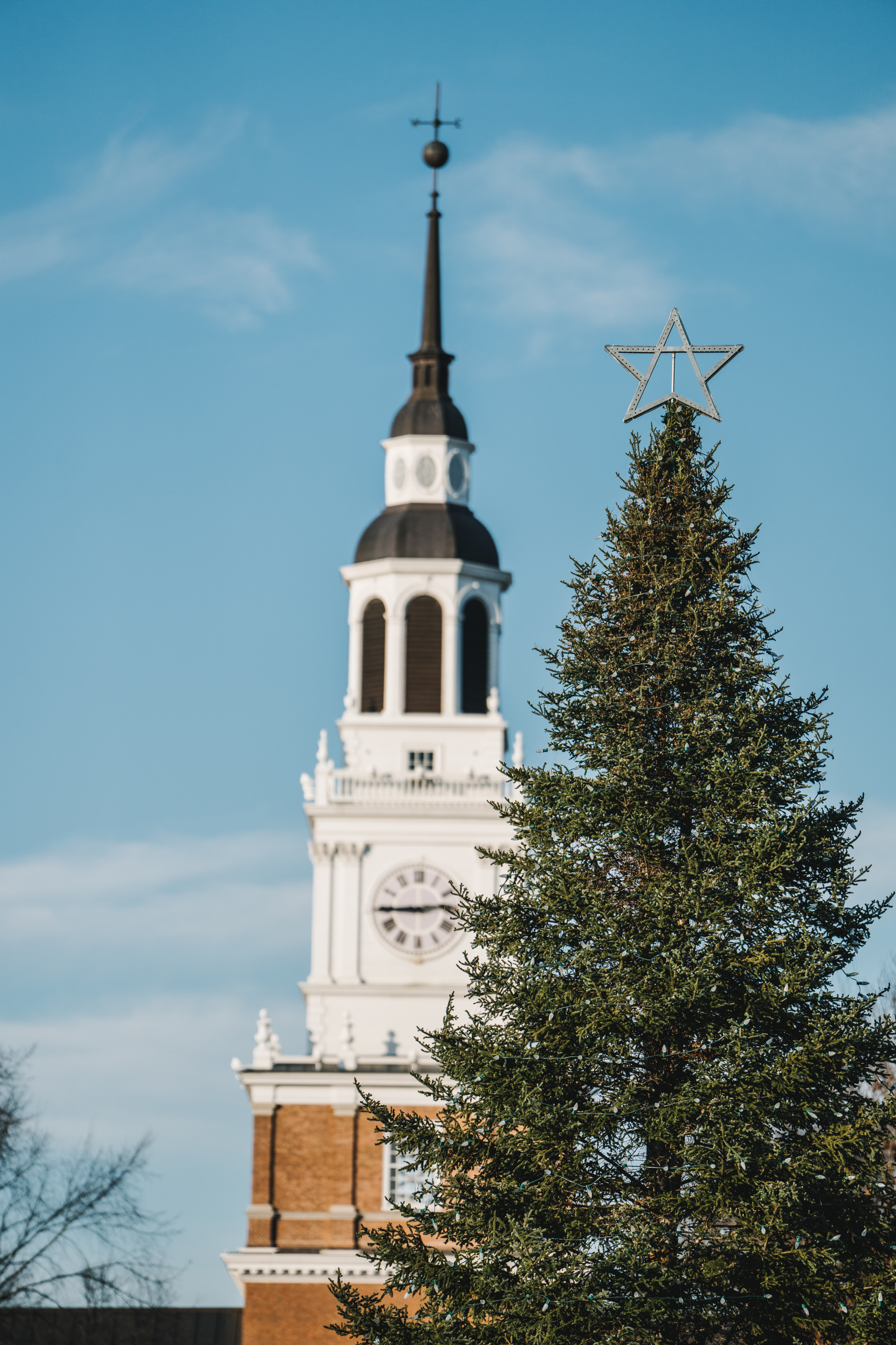 The Christmas tree on Dartmouth's Green and Baker Tower
