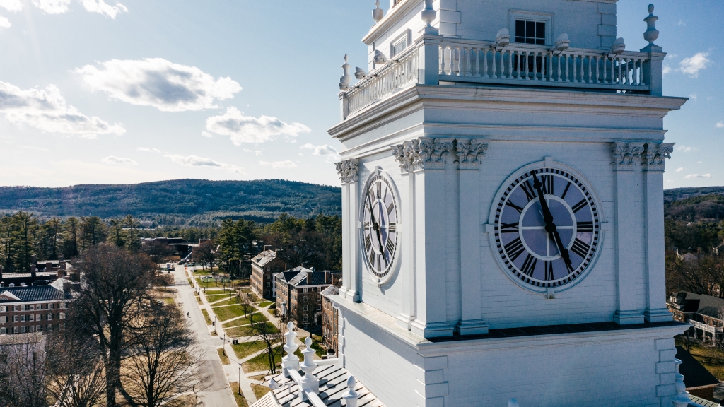 Drone view of Dartmouth campus from the Baker-Berry tower clock