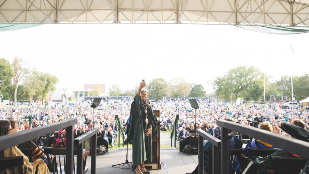 Sian Leah Beilock taking a selfie during Inauguration