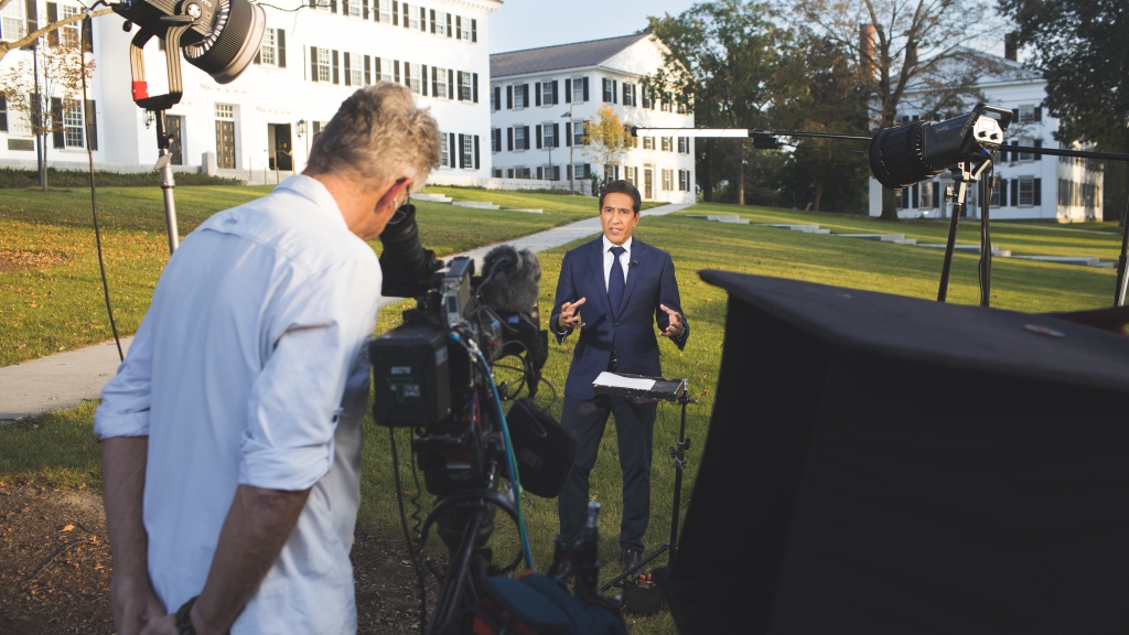 Sanjay Gupta broadcasting at Dartmouth for CNN