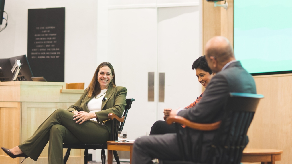 President Beilock with Indra Nooyi and Vijay Govindarajan.