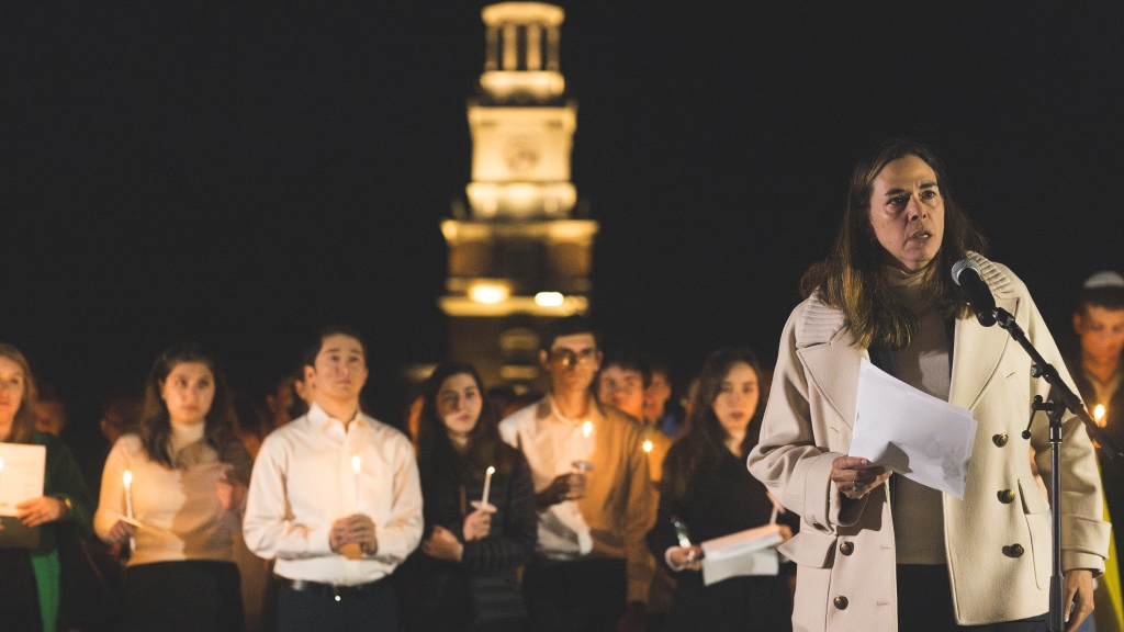 Sian Beilock speaks at a vigil for Israel