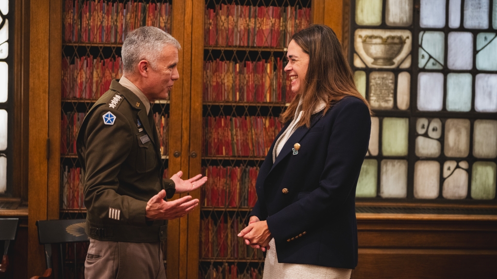 NSA director Paul Nakasone, an Army general, meets with President Sian Leah Beilock