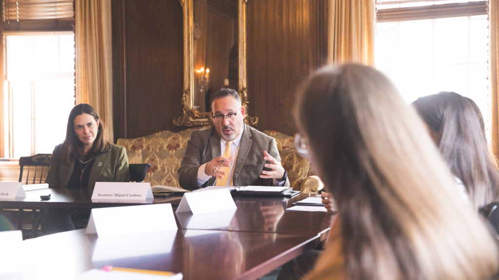 Education secretary and President Beilock in student roundtable